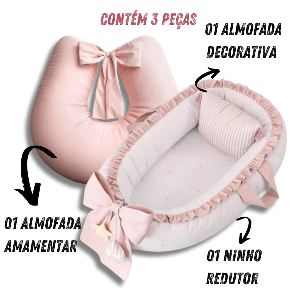 Kit Ninho Redutor de Berço 400 Fios + Almofadinha Decorativa + Almofada de Amamentação
