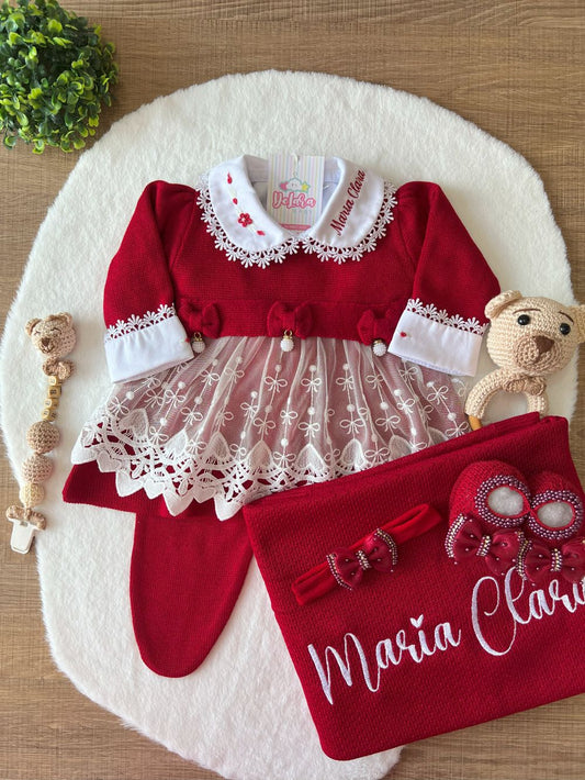 KIT SAIDA DE MATERNIDADE NICOLLE VERMELHA 6 PEÇAS PERSONALIZADO (RENDA CORAÇÃO)
