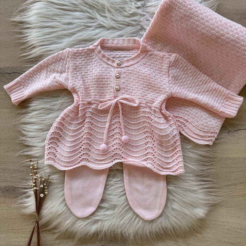Saída Maternidade Lacinho Pompom 3 Peças Rosa Pó