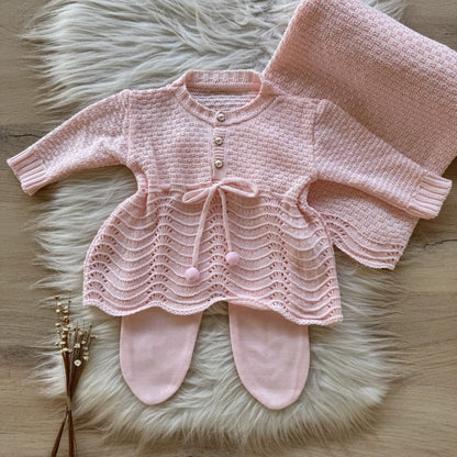 Saída Maternidade Lacinho Pompom 3 Peças Rosa Pó